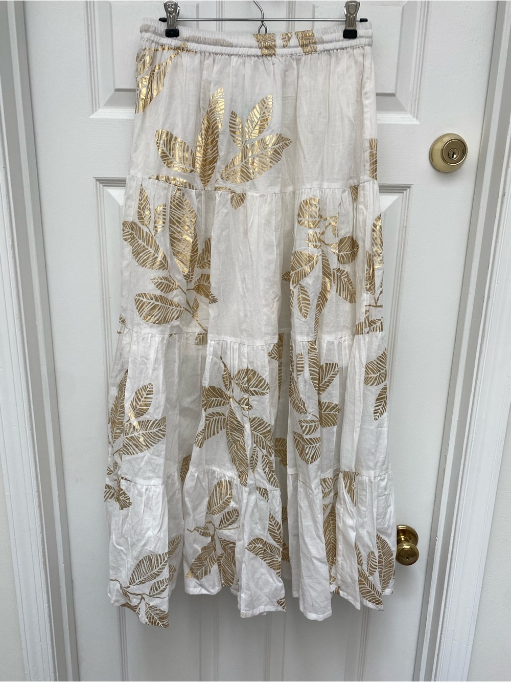NWT Debbie Katz White Maxi Skirt w Metallic Gold Leaf Print & Drawstring Waist L - Picture 4 of 8